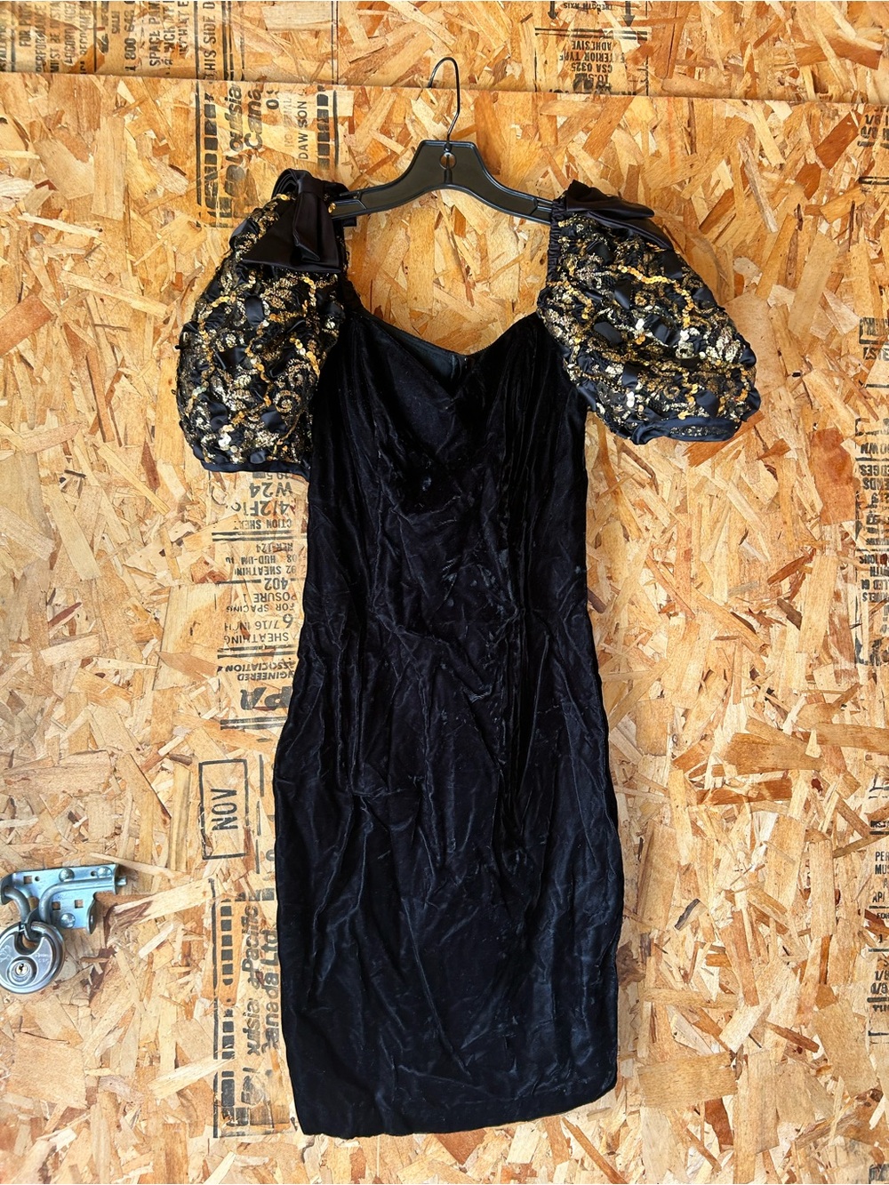 Vintage Black Velvet Dress with Gold Sequin Puff Sleeves